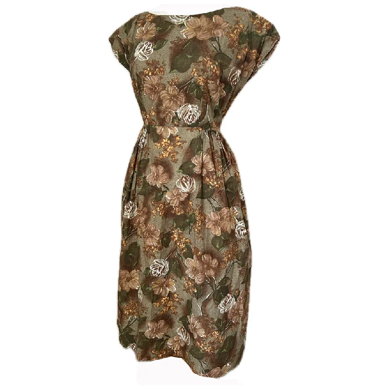 Online Exclusive Brown floral print vintage 1950s cotton day dress