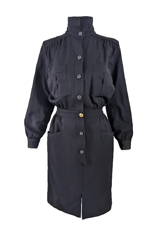 Best Seller Vintage Navy Blue Blouson Wool Gabardine Dress, 1980s