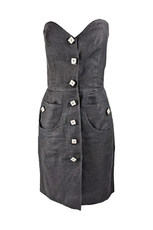 Clearance Items Valentino Vintage Black Linen Strapless Party Dress, 1980s