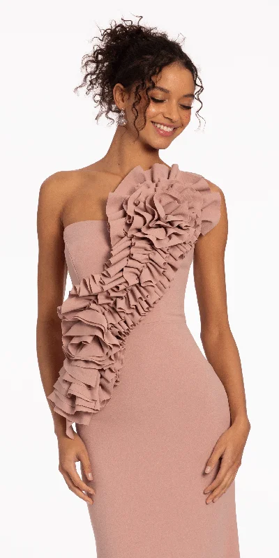 Crepe One Shoulder Column Dress with Origami Rosette Detail