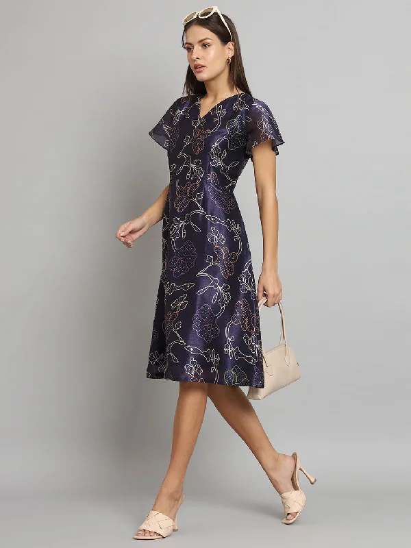 Extra Savings Printed Silk A-Line dress- Blue