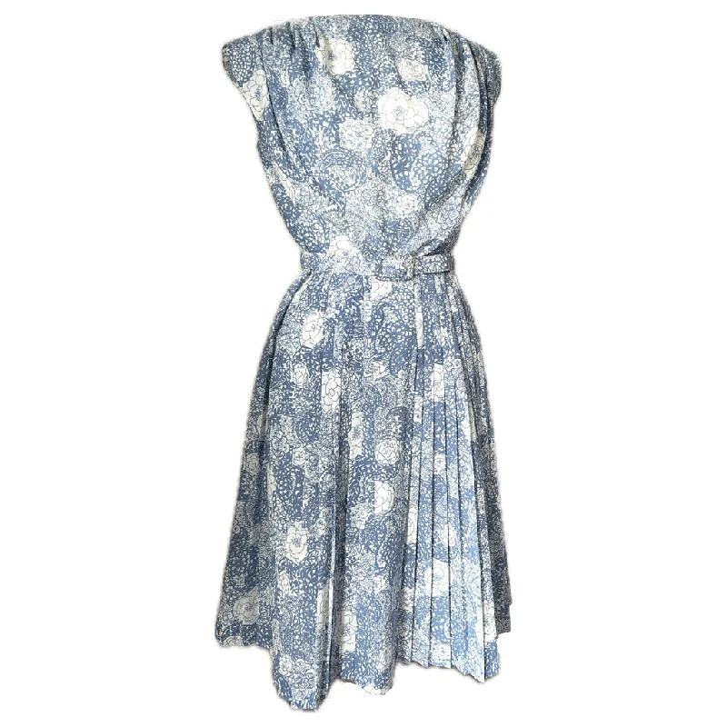 Super Savings Wedgewood blue and white belted vintage day dress with pleated skirt