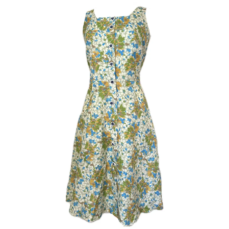 Buy More, Save More Button-through vintage 1970s green and brown floral sun dress
