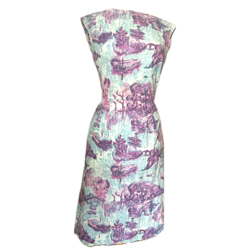 Warehouse Sale Lavender and blue scenic print cotton vintage 1950s day dress