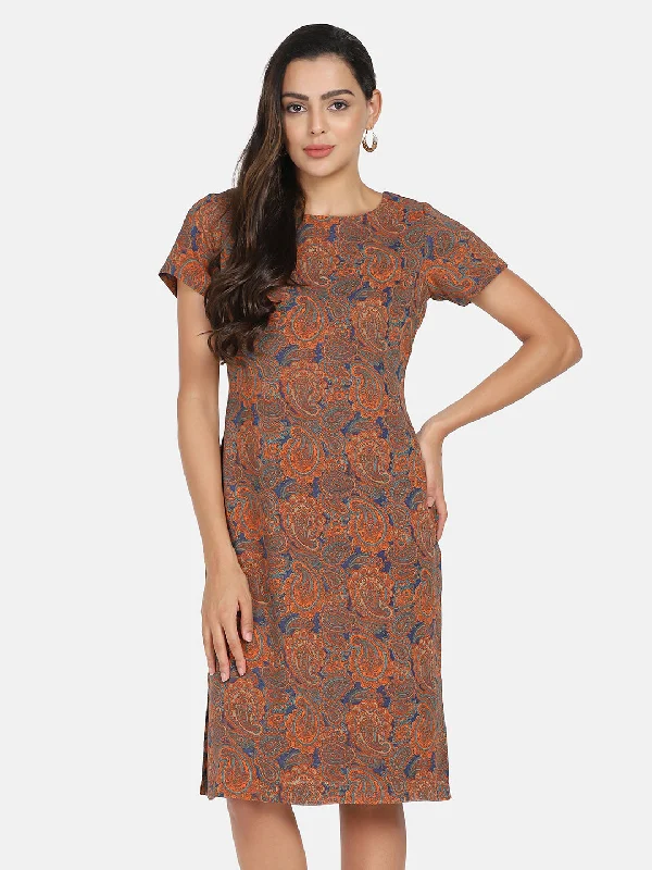 Don't Wait Paisley Print Georgette Sheath Dress for Women - Orange & Blue
