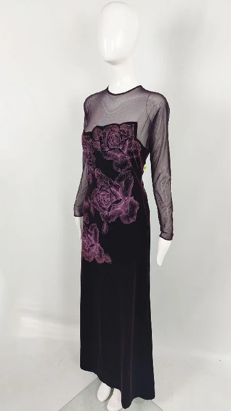 Clearance Items Tadashi Shoji Vintage Long Sleeve Mesh & Velvet Dress, 1990s