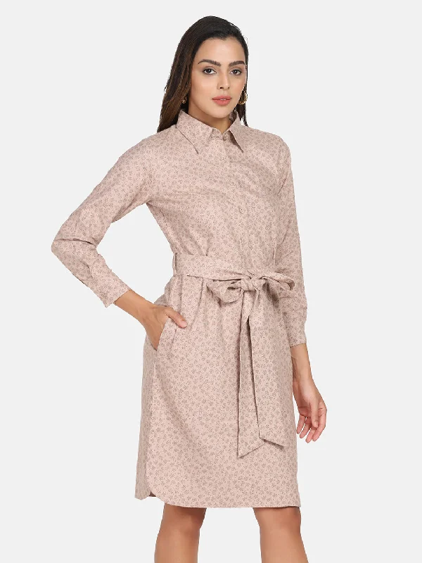 Now or Never Cotton Printed Shirt Dress - Beige