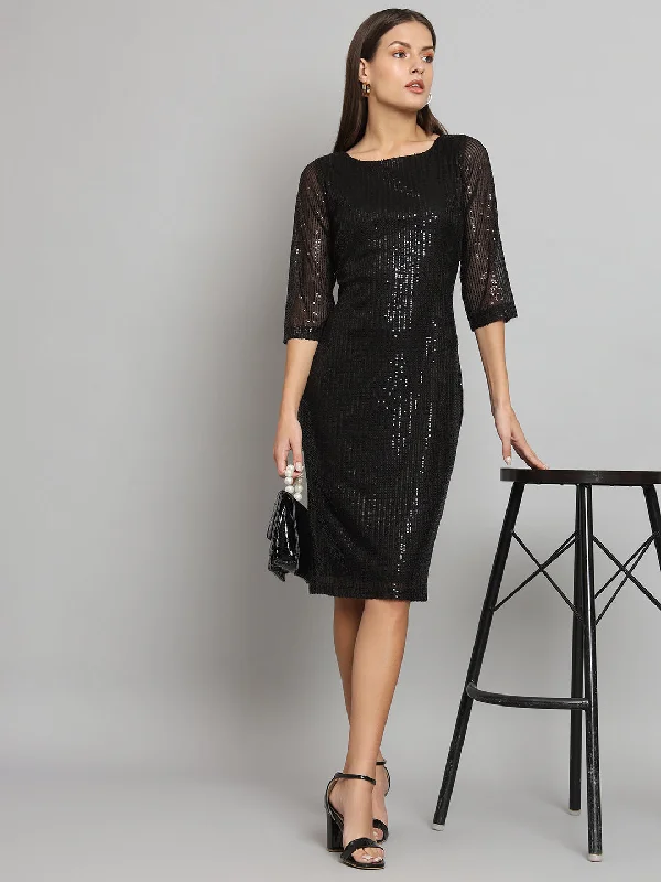 Deal Dash Stretch Sequins Party Dress- Black