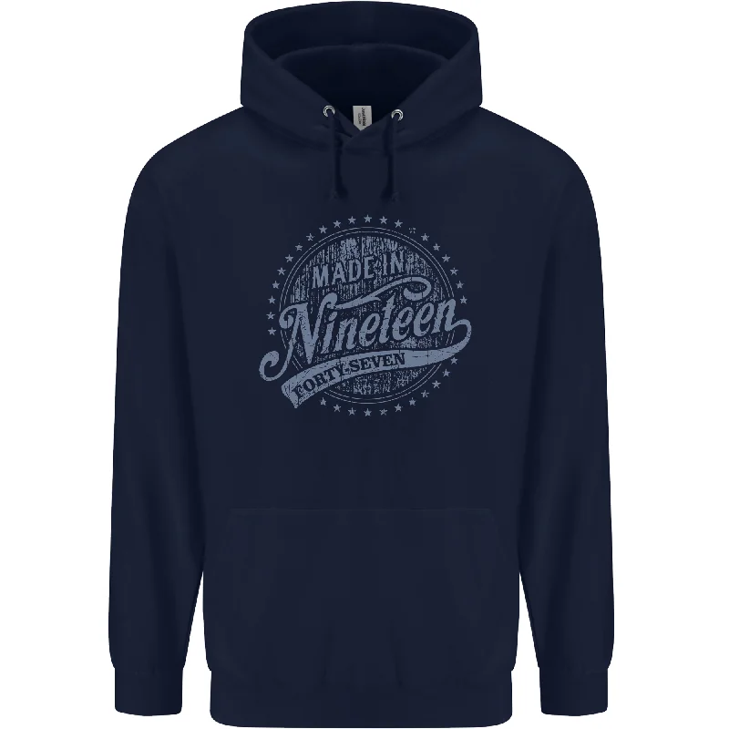 Final Sale Distressed 77th Birthday Made In 1947 Mens 80% Cotton Hoodie Navy Blue