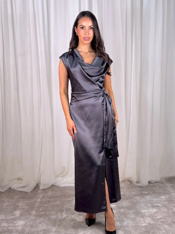Year-End Sale Pia Drape Front Dress In Charcoal
