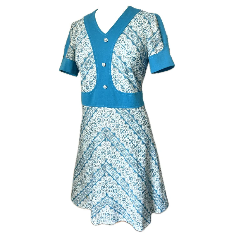 Limited Time Offer Lace print vintage 1960s blue and white mini dress