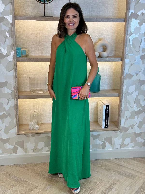 Steals and Deals Frankie Halter Neck Maxi Dress In Green