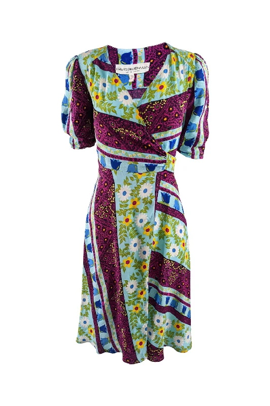 Loyalty Reward Vintage Bold Multicoloured Floral Patchwork Print Wrap Dress, 1970s
