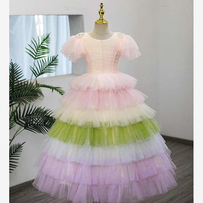 Flash Deals Flower Girl Dress Children Summer Rainbow Colorful Mesh Fluffy Skirt Cake Princess Party Dress