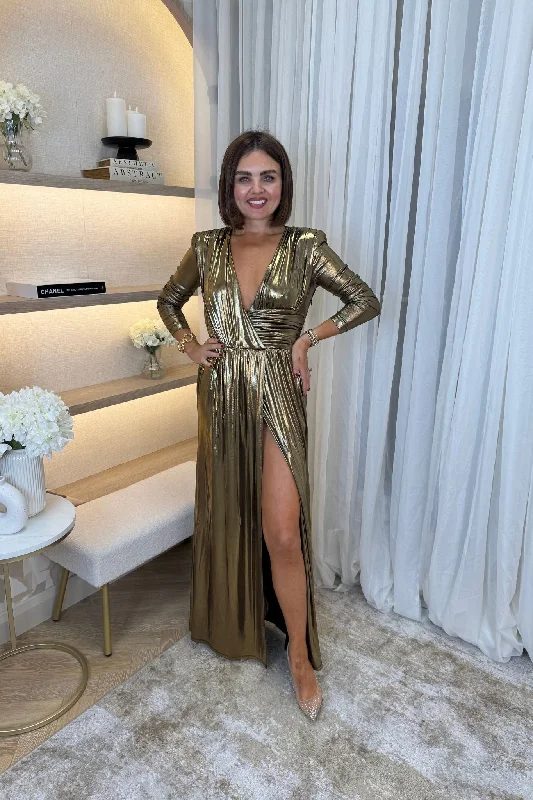Savings Spectacular Sophia Metallic Maxi Dress In Gold