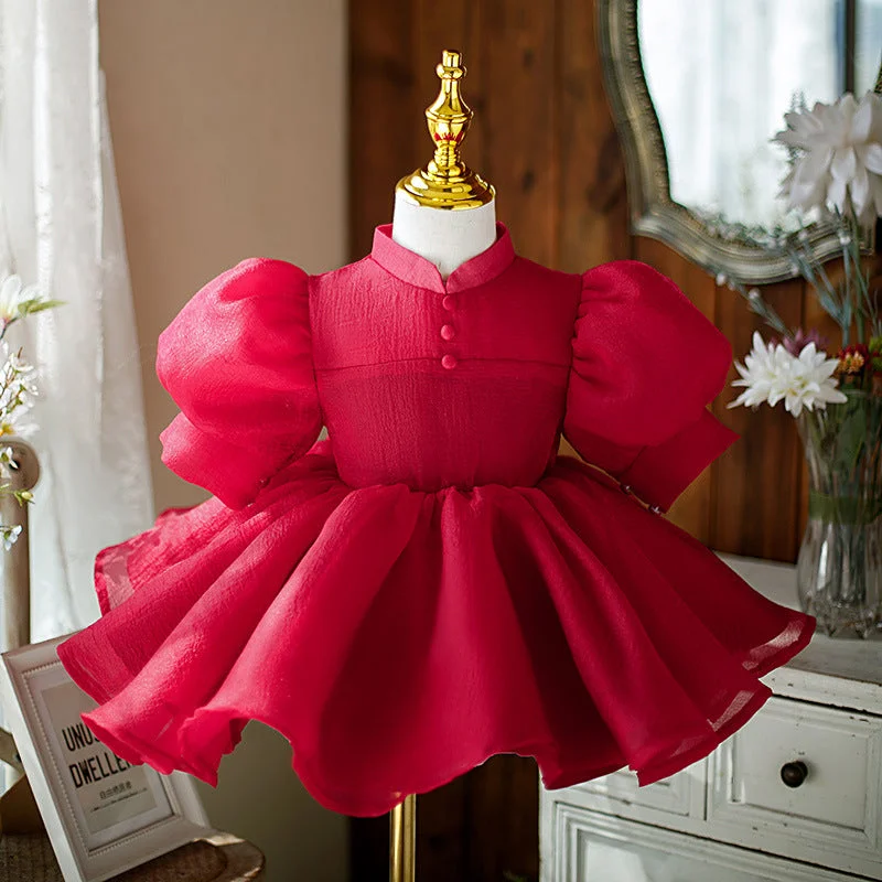 Bonus Savings Girl Christmas Dress Baby Girl Pageant Dresses Girl Summer Wine Red Stand Collar Fluffy Formal Princess Dress