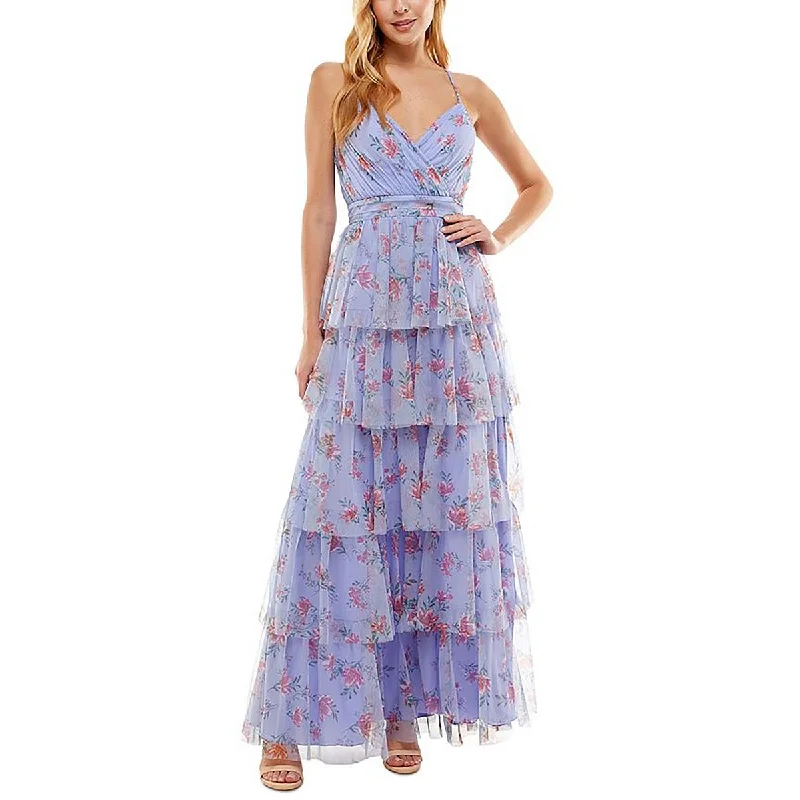 City Studio Womens Juniors Floral Print Tiered Skirt Evening Dress