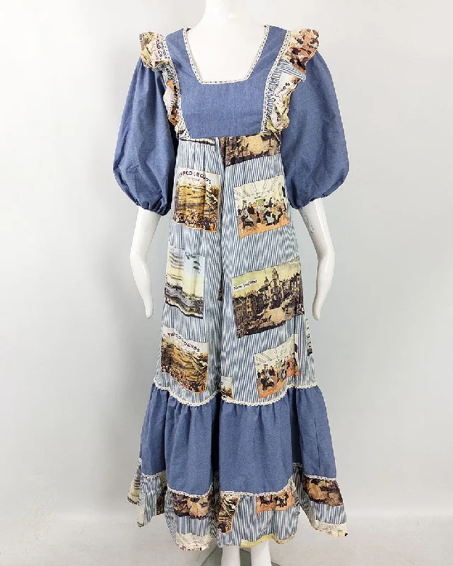Super Bargain Vintage 1970s Blue Puff Sleeve Cottagecore Maxi Dress