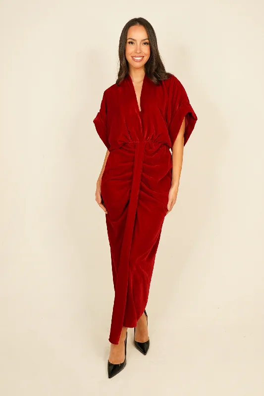 TIME-Limited Offer Eva Drape Front Velvet Dress In Red