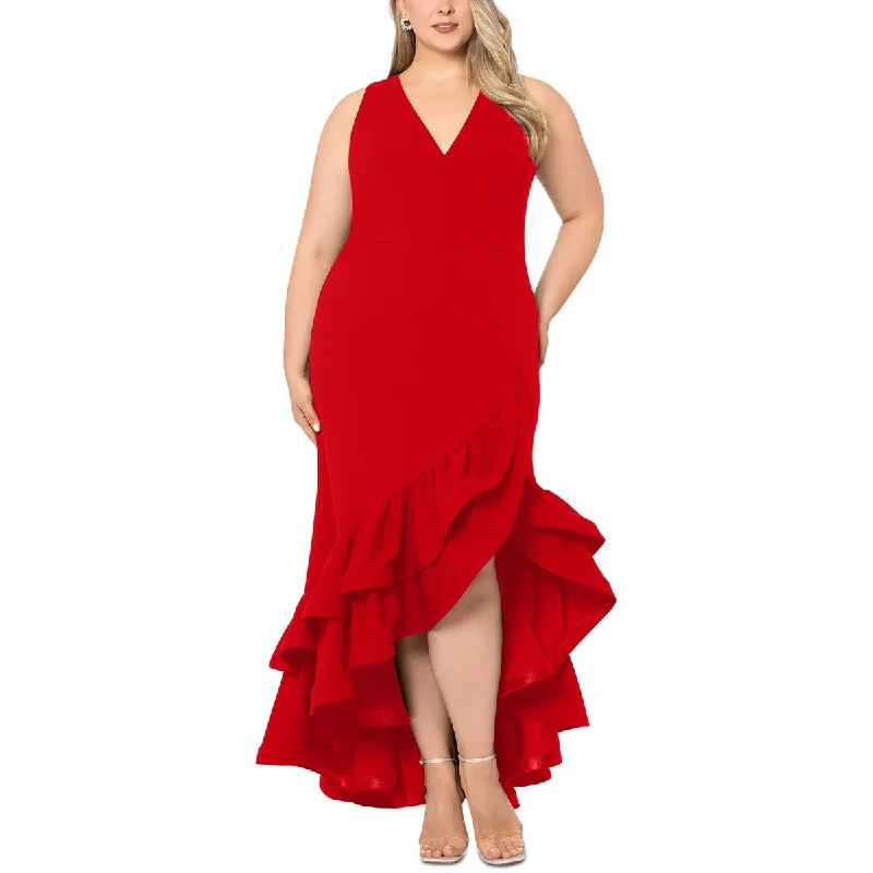 Betsy & Adam Womens Plus Ruffled Asymmetric Evening Dress