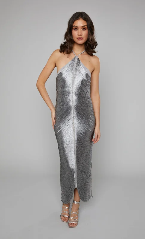 Super Bargain Silver Fringe Detail Halter Maxi Dress