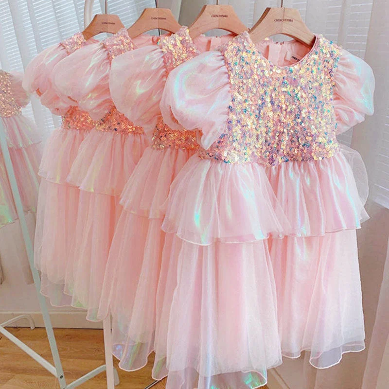 Seasonal Sale Baby Girl Dress Toddler Prom Cute Gradient Sequin Puff Sleeve Princess Dress