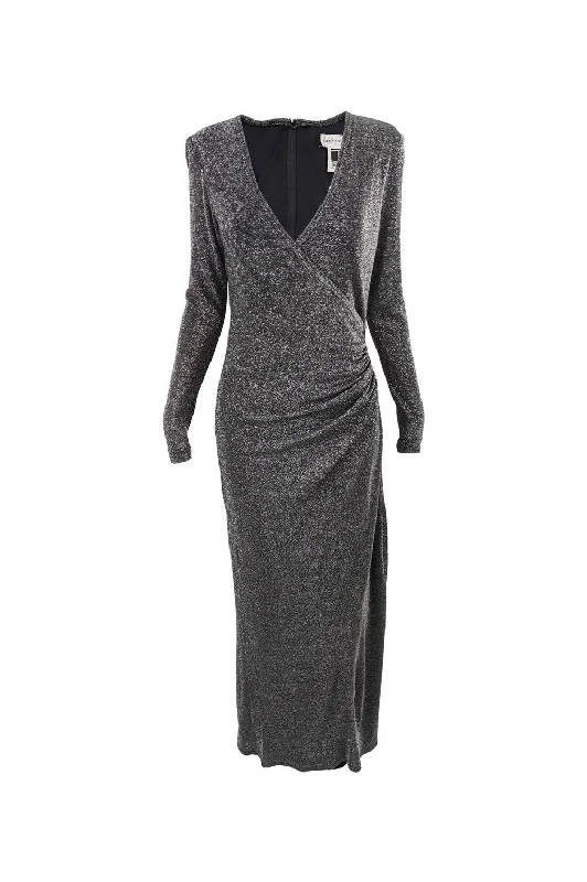 Hurry In Vintage Silver Lurex Plunging Neckline Evening Gown, 1990s