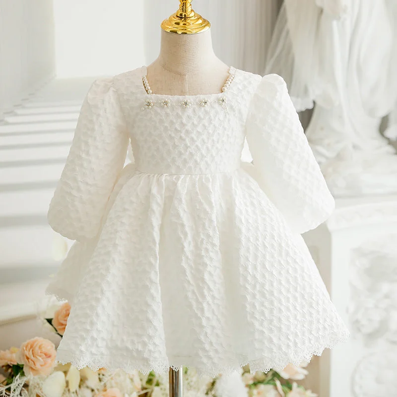 Instant Discount Baby Girl Baptism Dress Girl Princess White Bead Bow Party Cake Christening Dress