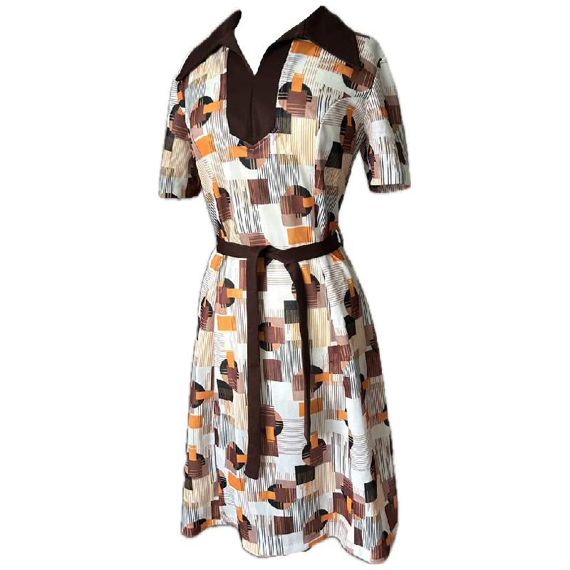 Super Deal Geometric print vintage 1960s brown and orange belted day dress