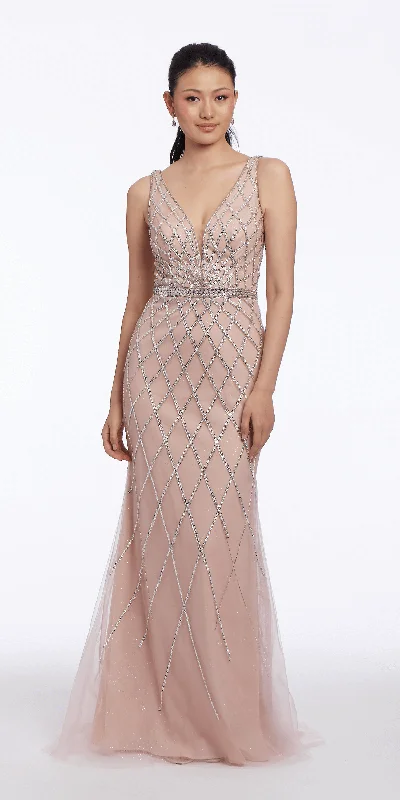 Diamond Beaded Plunging Mesh Column Dress