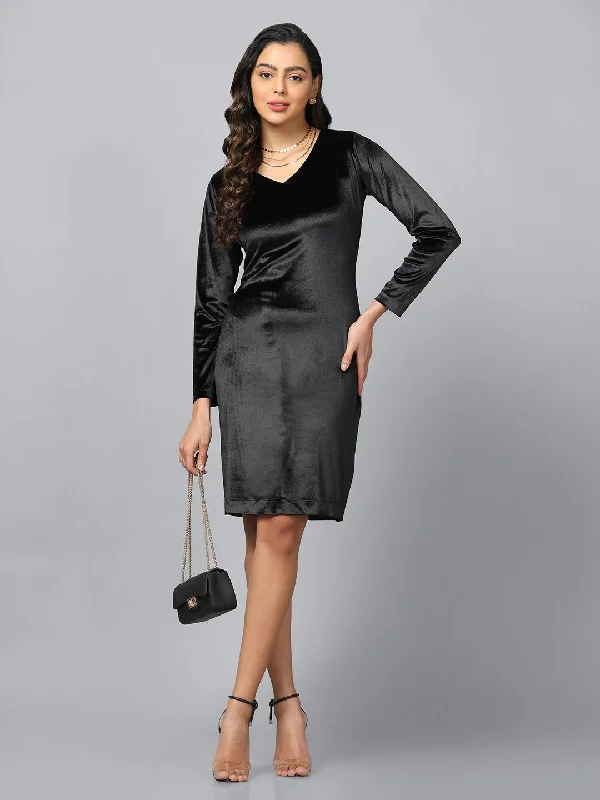 Price Cut Velvet Party Dress- Black