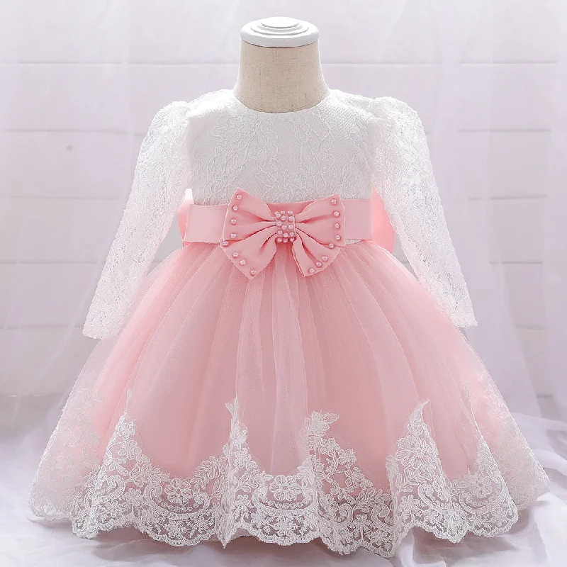 Limited Availability Infant Princes Dresses Easter Dress  Baby Girl Lace Long Sleeve Bow Knot Fluffy Mesh Birthday Party Dress
