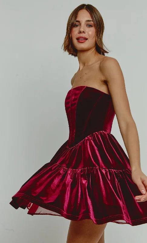 Huge Discounts Wine Velvet Bandeau Mini Dress With Bows