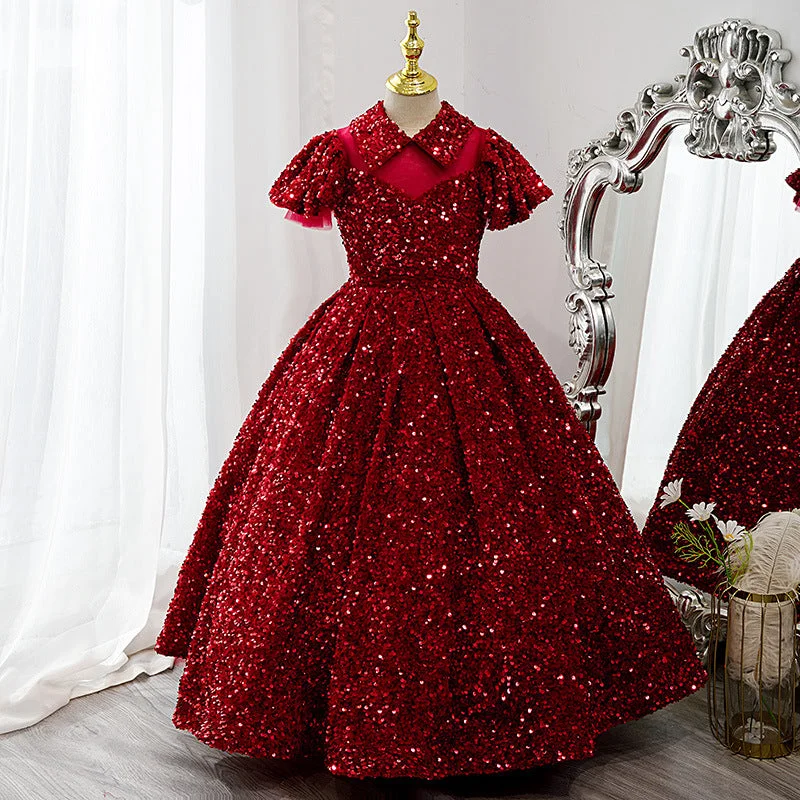 Quick Sale Girl Christmas Dress Baby Girl Dress Children Communion Luxury Red Sequins Puffy Birthday Cake Princess Pageant Dress