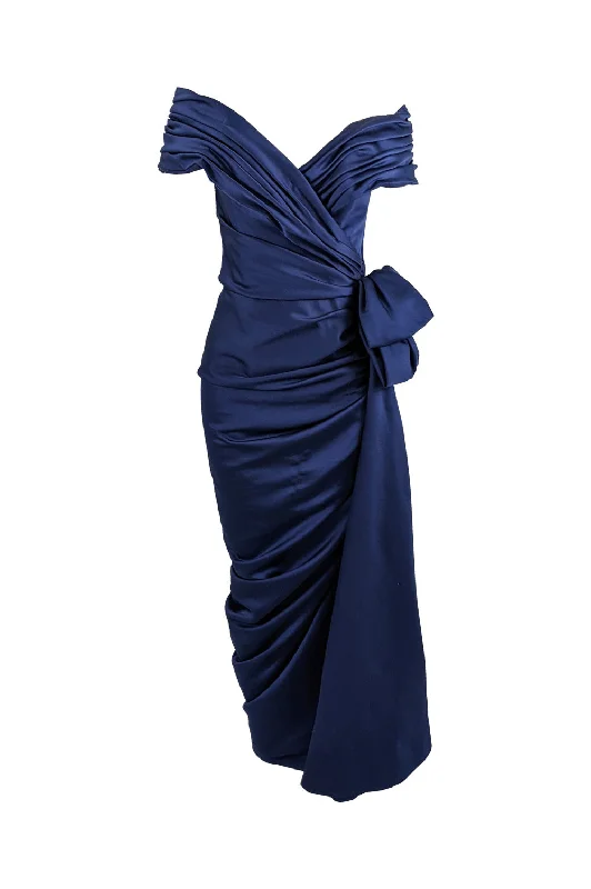 Take Advantage Victor Costa Vintage Dark Blue Draped Bow Evening Gown, 1980s