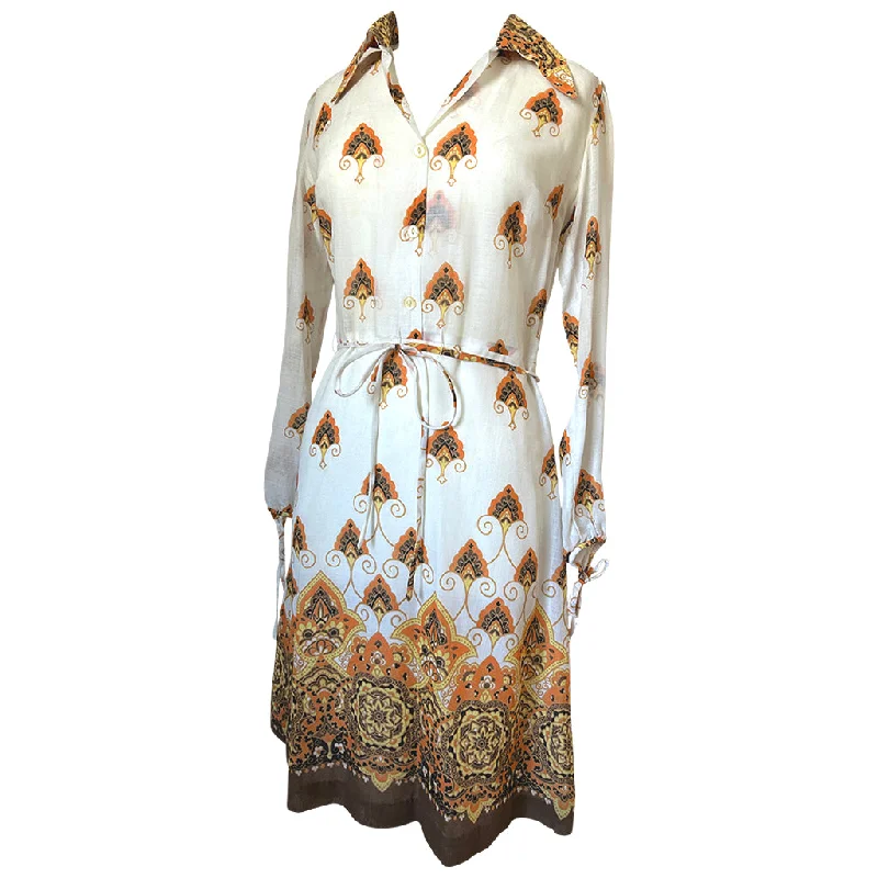 Price Reduction Gauzy psychedelic vintage late 1960s belted cream, orange and brown day dress