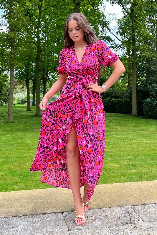 Blowout Sale Girl in Mind Lydia Split Hem Frill Detail Pink Leopard Maxi Dress