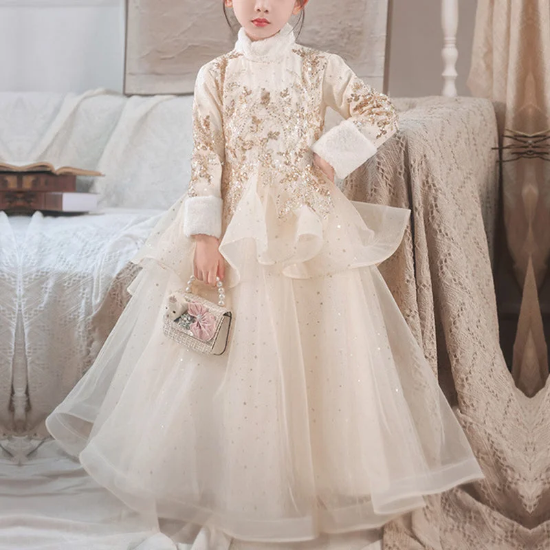 Price Drop Flower Girl Dress Children Winter Elegant Embroidery Long Sleeve Puffy Princess Dress