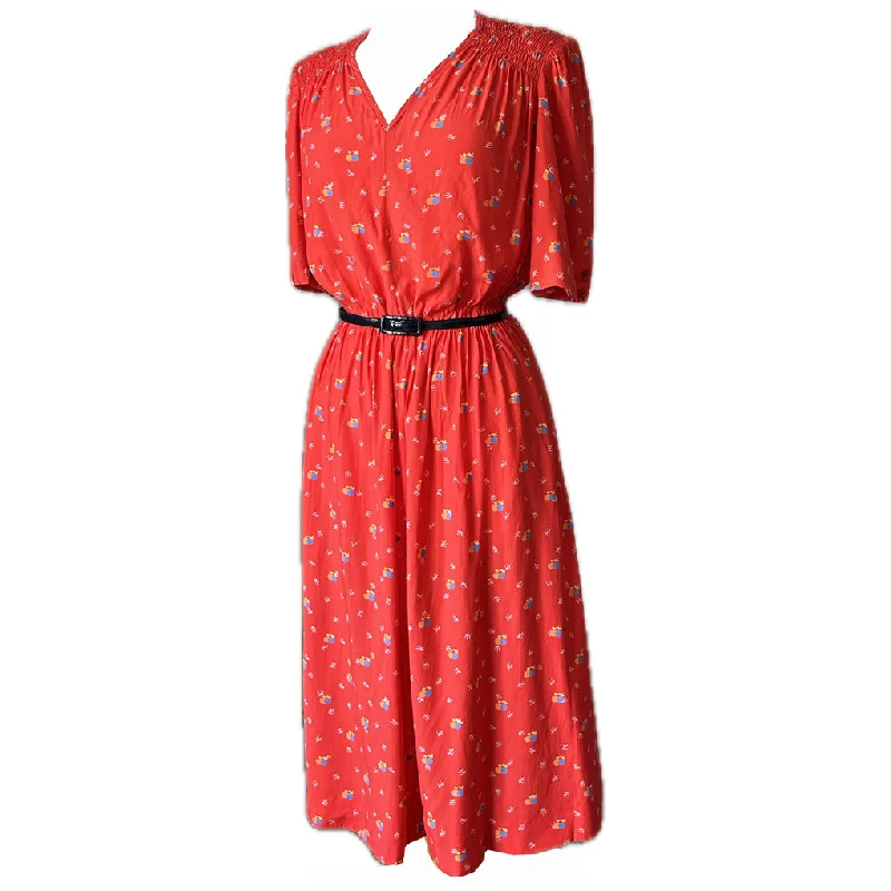 Quick Sale 1980s-does-1940s red viscose day dress with smocked shoulders