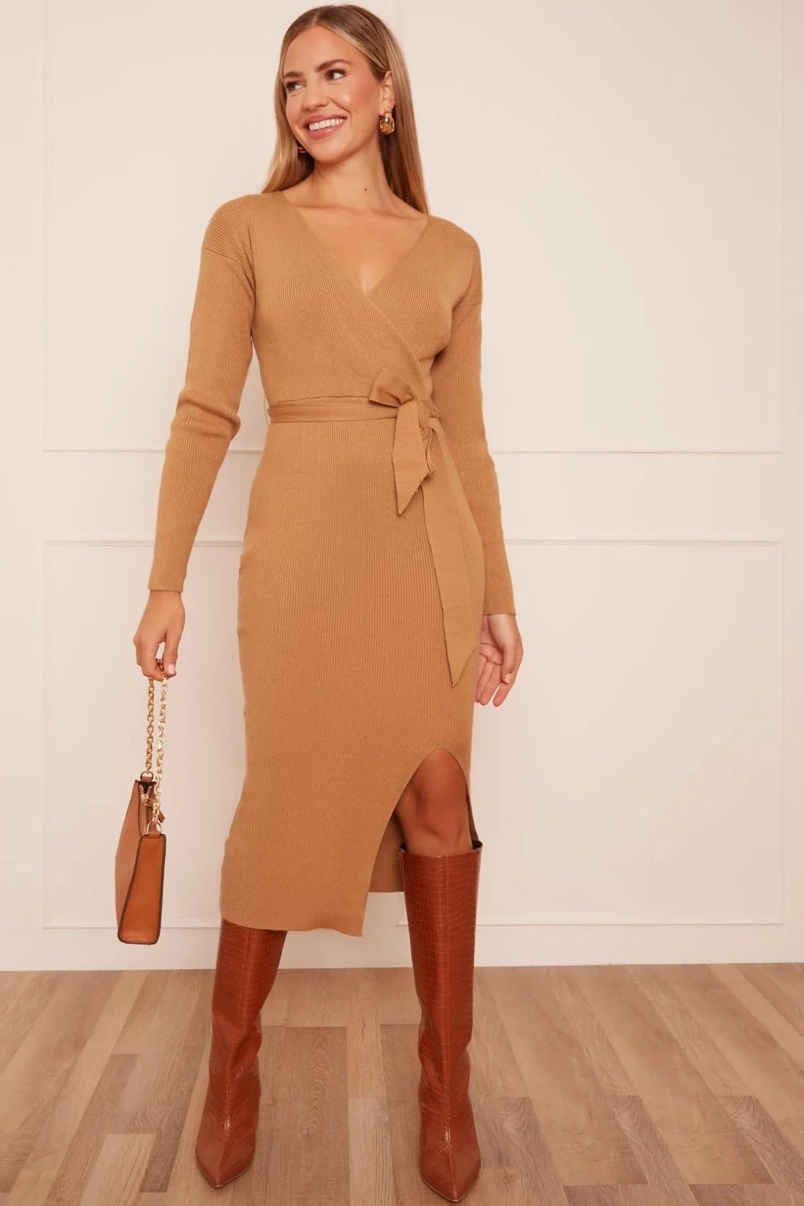 Price Buster Chi Chi Wrap Split Side Knitted Midi Dress in Camel