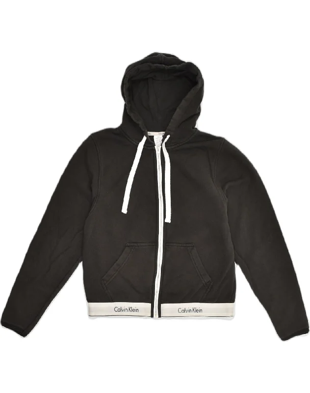 Bargain Bin CALVIN KLEIN Womens Crop Zip Hoodie Sweater UK 12 Medium Black Cotton