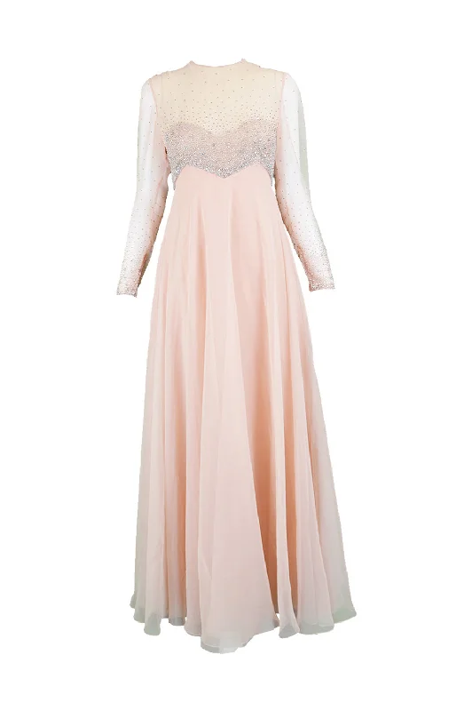 Price Rollback Peach Vintage Chiffon Beaded Evening Gown, 1960s