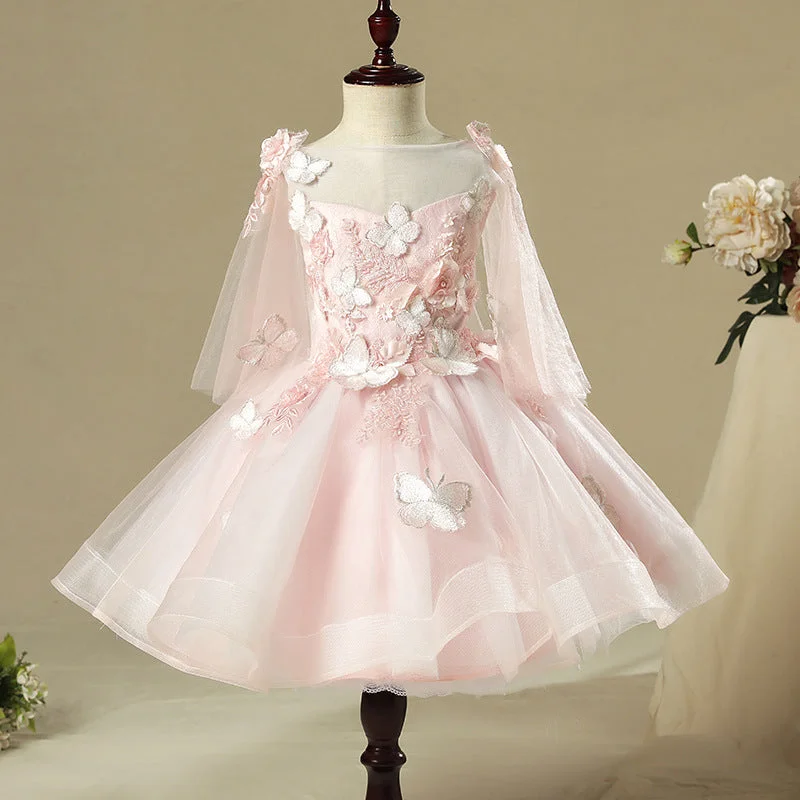 Huge Discounts Flower Girls Dress Toddler Embroidery Butterfly Wedding Birthday Grace Trailing Dress