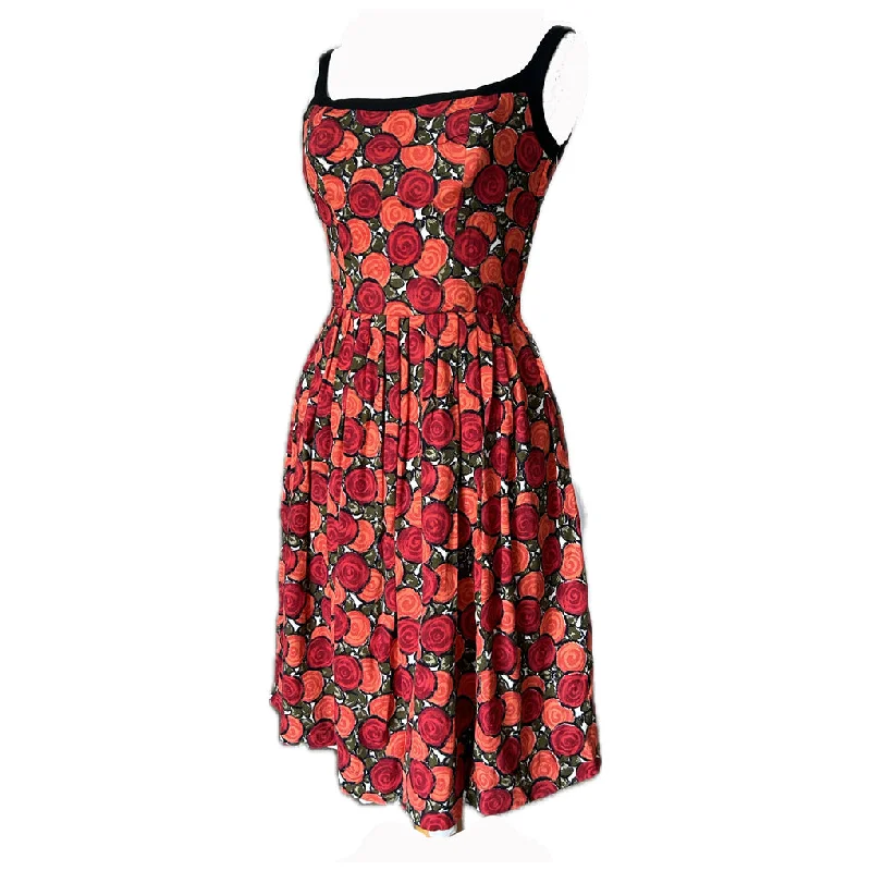 Customer Appreciation Sale Abstract red and orange rose print vintage 1950s cotton day dress with inbuilt cups Customer Appreciation Sale Abstract red and orange rose print vintage 1950s cotton day dress with inbuilt cups