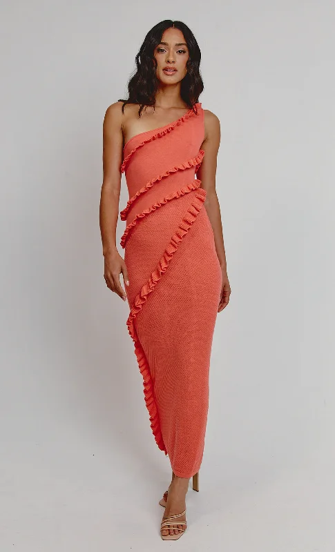 Crazy Savings Coral Asymmetric Ruffle Knit Maxi Dress