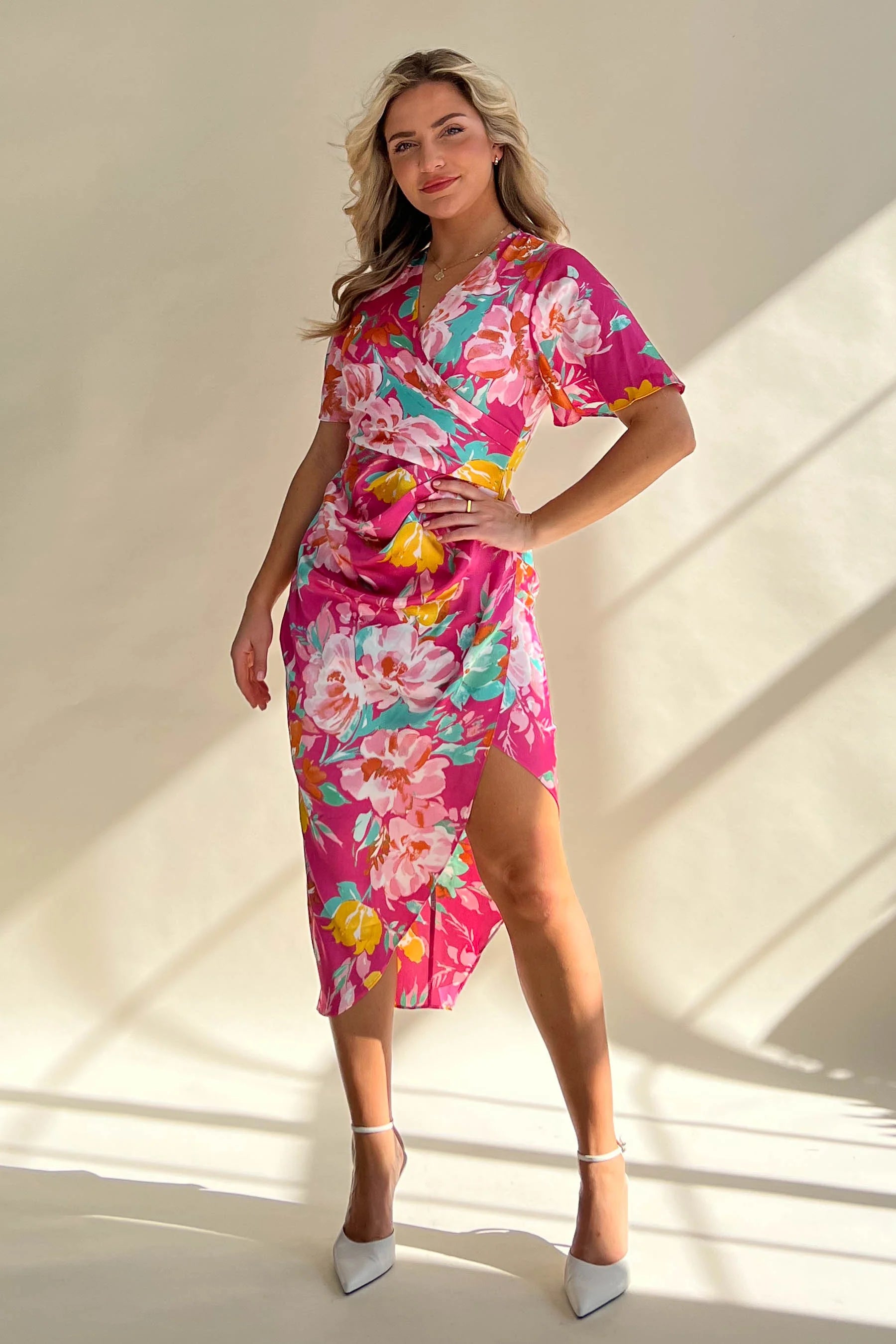 Act Fast Girl in Mind Natasha Pink Floral Angel Sleeve Wrap Midi Dress