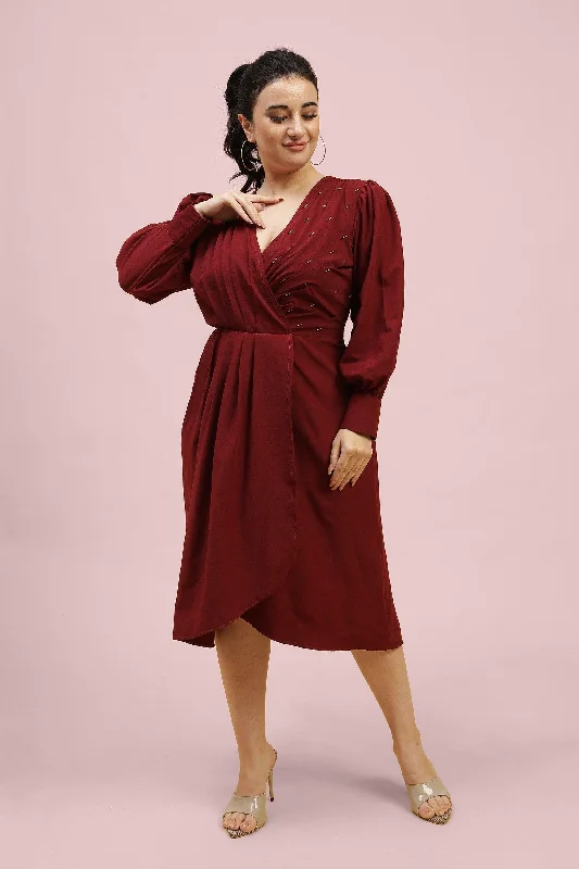 Final Markdown Curvy Lane Women Plus Size Pleated Coverlap Neck Drape Styled Dress