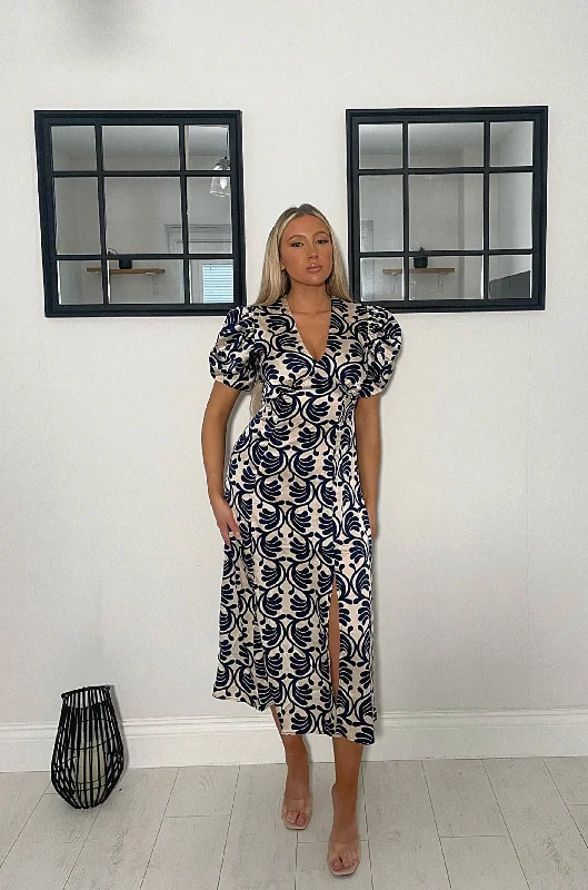 Take Advantage AX Paris Stone and Navy Printed Short Puff Sleeve V Neck Midi Dress