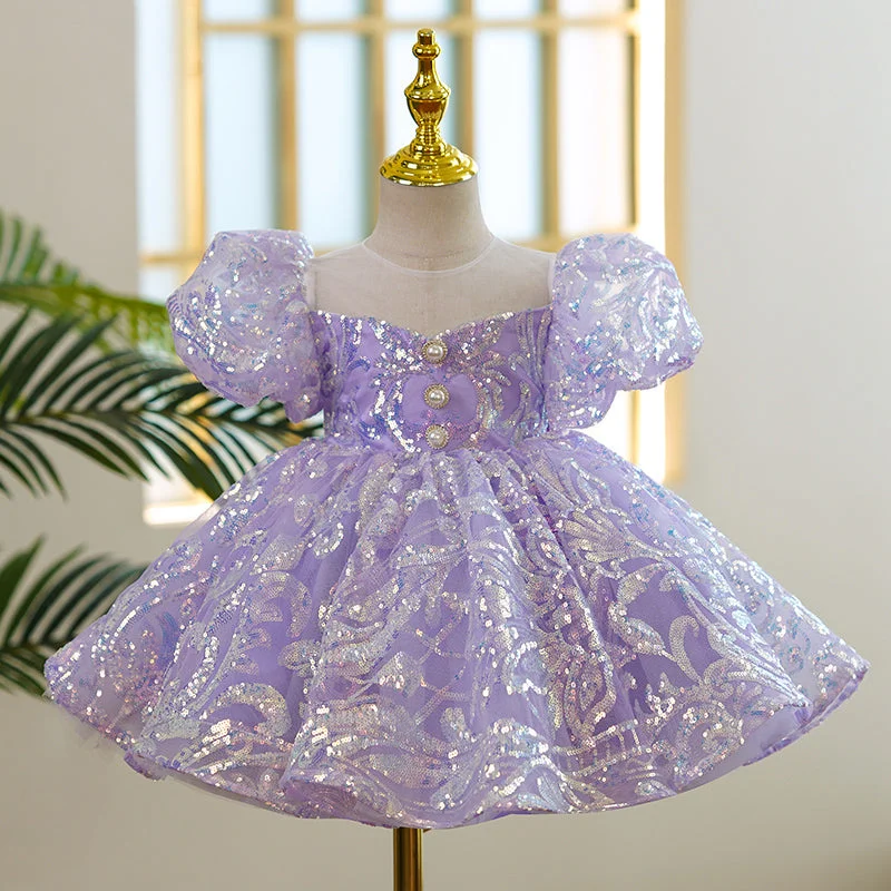 Savings Event Baby Girl Formal Princess Dress Toddler Purple Sequin Puff Sleeve Birthday Dress