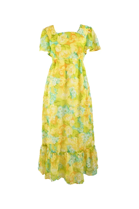 Weekend Flash Sale Vintage Yellow & Green Maxi Empire Line Dress, 1970s